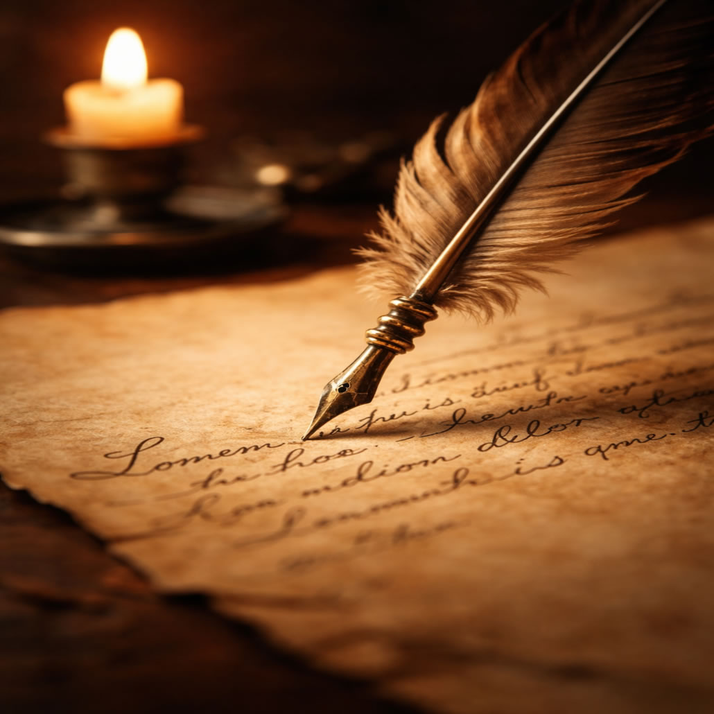 une plume écrit sur un parchemin